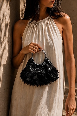 Black Vegan Fabric Feather Handbag by TAN Studio