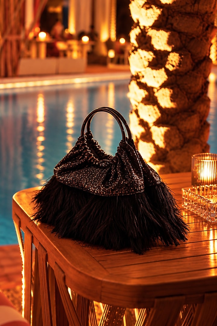 Black Vegan Fabric Feather Handbag by TAN Studio at Pernia's Pop Up Shop
