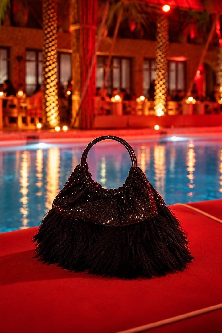 Black Vegan Fabric Feather Handbag by TAN Studio at Pernia's Pop Up Shop