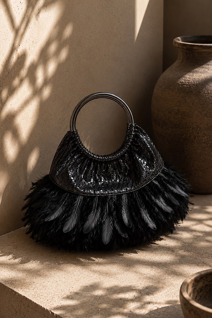 Black Vegan Fabric Feather Handbag by TAN Studio at Pernia's Pop Up Shop