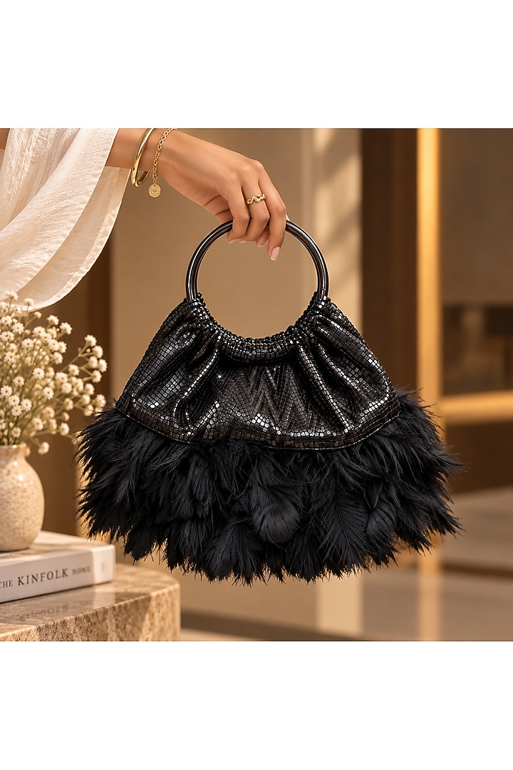 Black Vegan Fabric Feather Handbag by TAN Studio at Pernia's Pop Up Shop