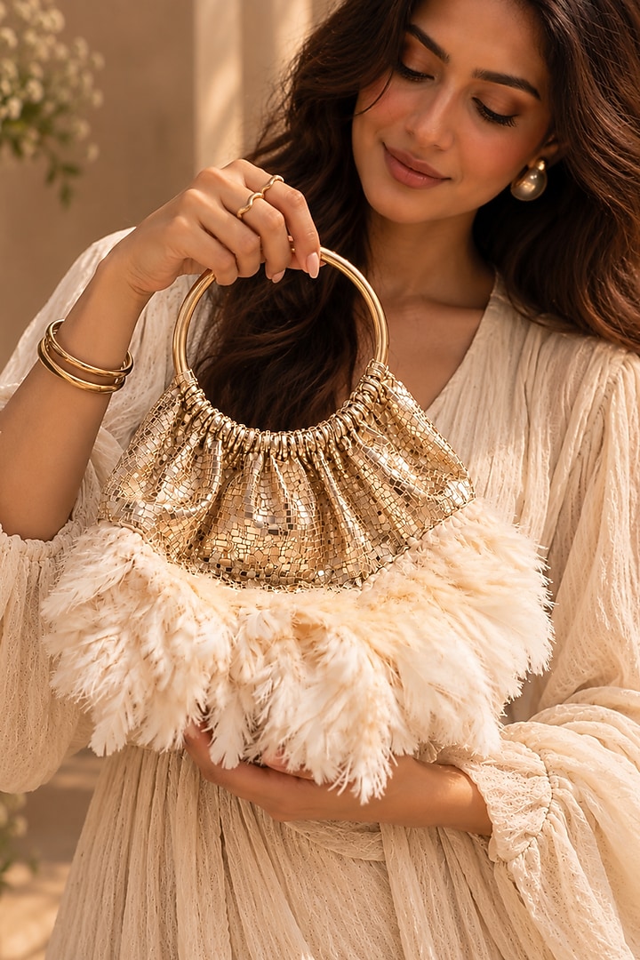 Rose Gold Vegan Fabric Feather Embellished Handbag by TAN Studio at Pernia's Pop Up Shop
