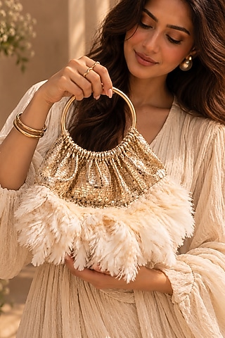 Rose Gold Vegan Fabric Feather Embellished Handbag by TAN Studio