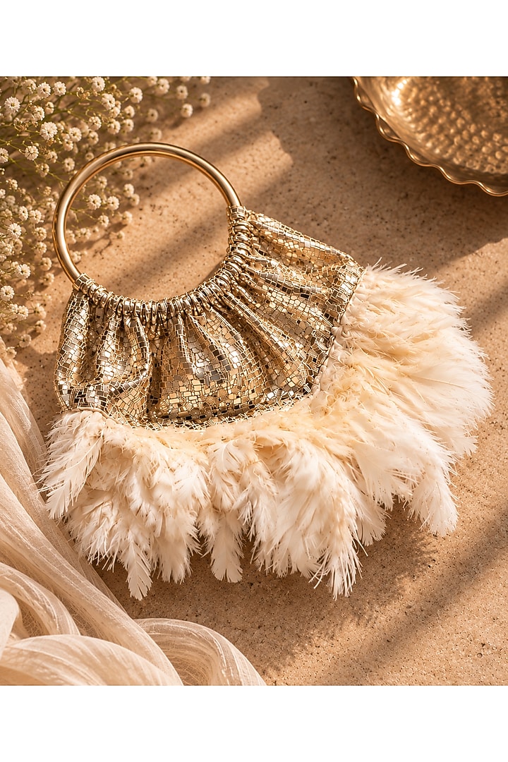 Rose Gold Vegan Fabric Feather Embellished Handbag by TAN Studio at Pernia's Pop Up Shop
