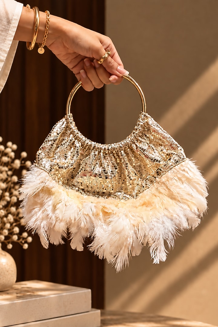 Rose Gold Vegan Fabric Feather Embellished Handbag by TAN Studio at Pernia's Pop Up Shop