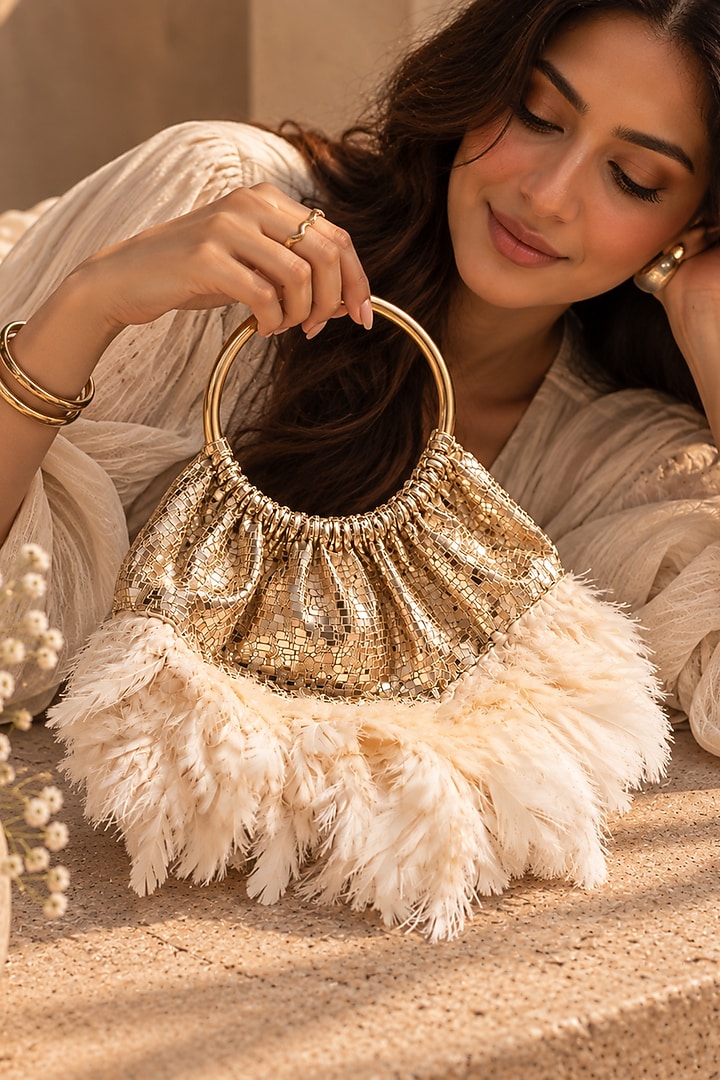 Rose Gold Vegan Fabric Feather Embellished Handbag by TAN Studio at Pernia's Pop Up Shop