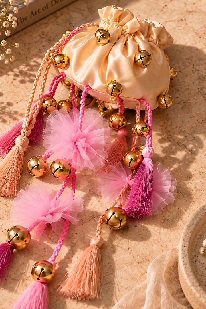Ivory Satin Floral Embellished Handcrafted Potli by TAN Studio at Pernia's Pop Up Shop