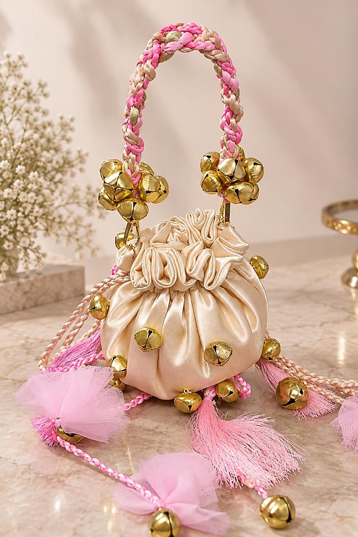 Ivory Satin Floral Embellished Handcrafted Potli by TAN Studio at Pernia's Pop Up Shop
