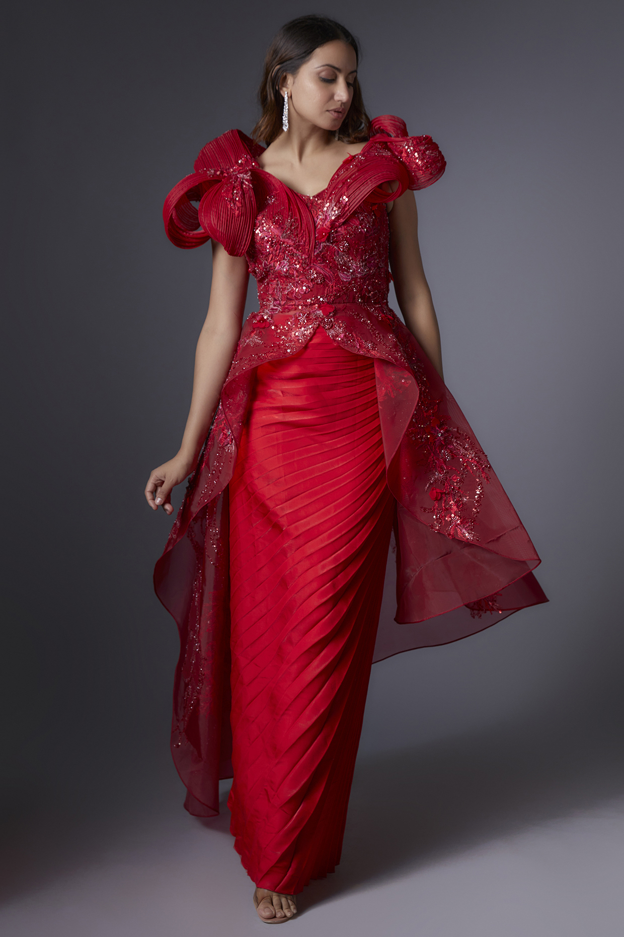 Red Mesh & Metallic Cape Set by Tanieya Khanuja at Pernia's Pop Up Shop