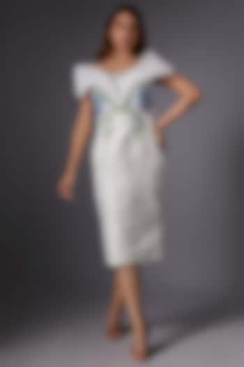 White Imported Jacquard & Organza Ruffled Dress by Tanieya Khanuja