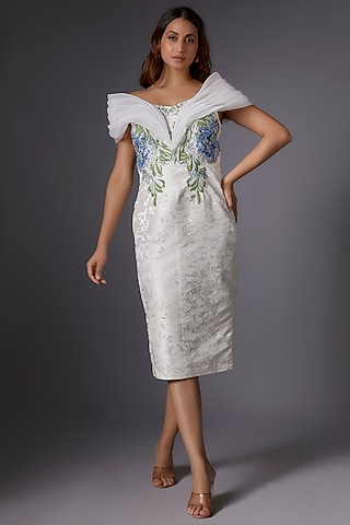 White Imported Jacquard & Organza Ruffled Dress by Tanieya Khanuja
