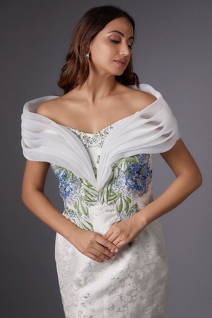 White Imported Jacquard & Organza Ruffled Cocktail Dress by Tanieya Khanuja at Pernia's Pop Up Shop