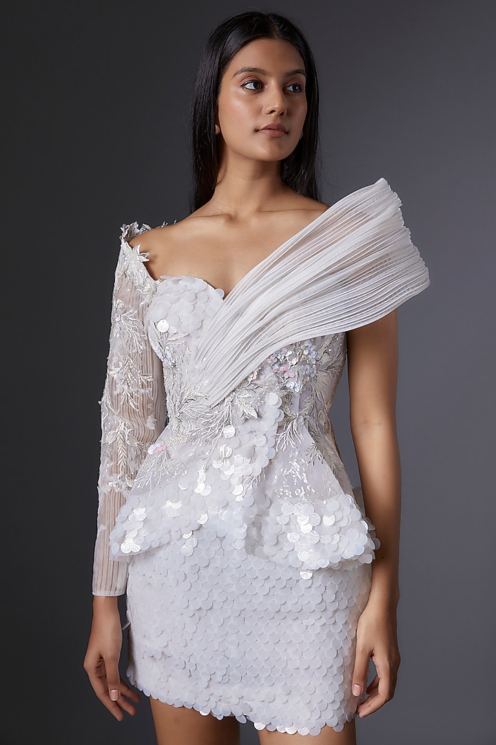 White Sequins & Mesh Skirt Set by Tanieya Khanuja at Pernia's Pop Up Shop