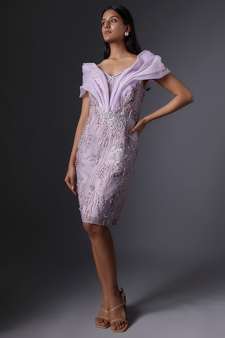 Lilac Organza & Mesh Embroidered Dress by Tanieya Khanuja