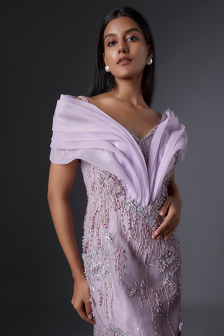 Lilac Organza & Mesh Embroidered Party Wear Dress by Tanieya Khanuja at Pernia's Pop Up Shop