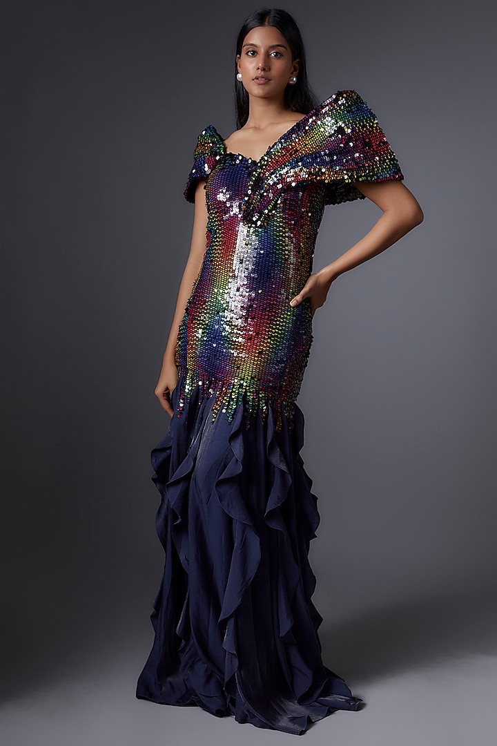Blue Metallic & Sequins Structured Wedding Gown by Tanieya Khanuja at Pernia's Pop Up Shop