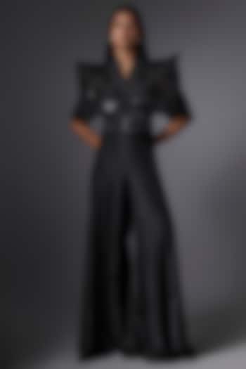 Black Metallic & Sequins Flared Jumpsuit by Tanieya Khanuja at Pernia's Pop Up Shop