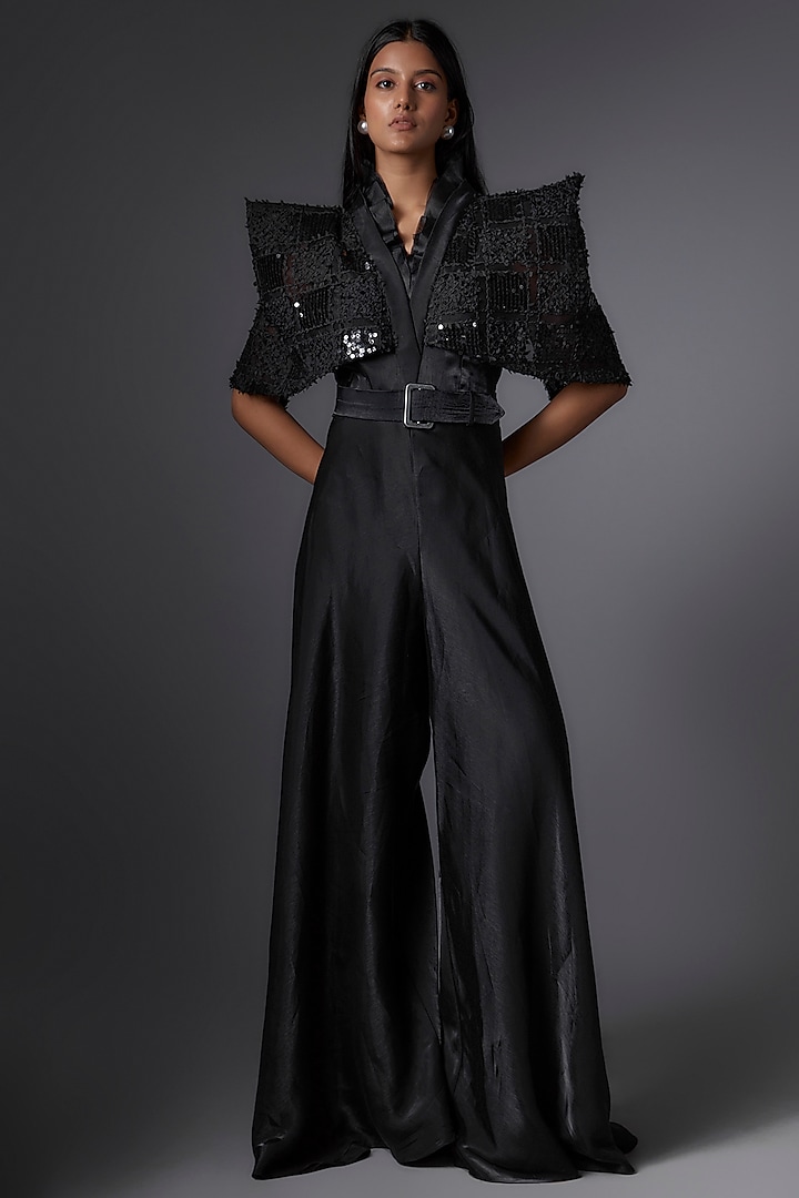 Black Metallic & Sequins Flared Jumpsuit by Tanieya Khanuja at Pernia's Pop Up Shop
