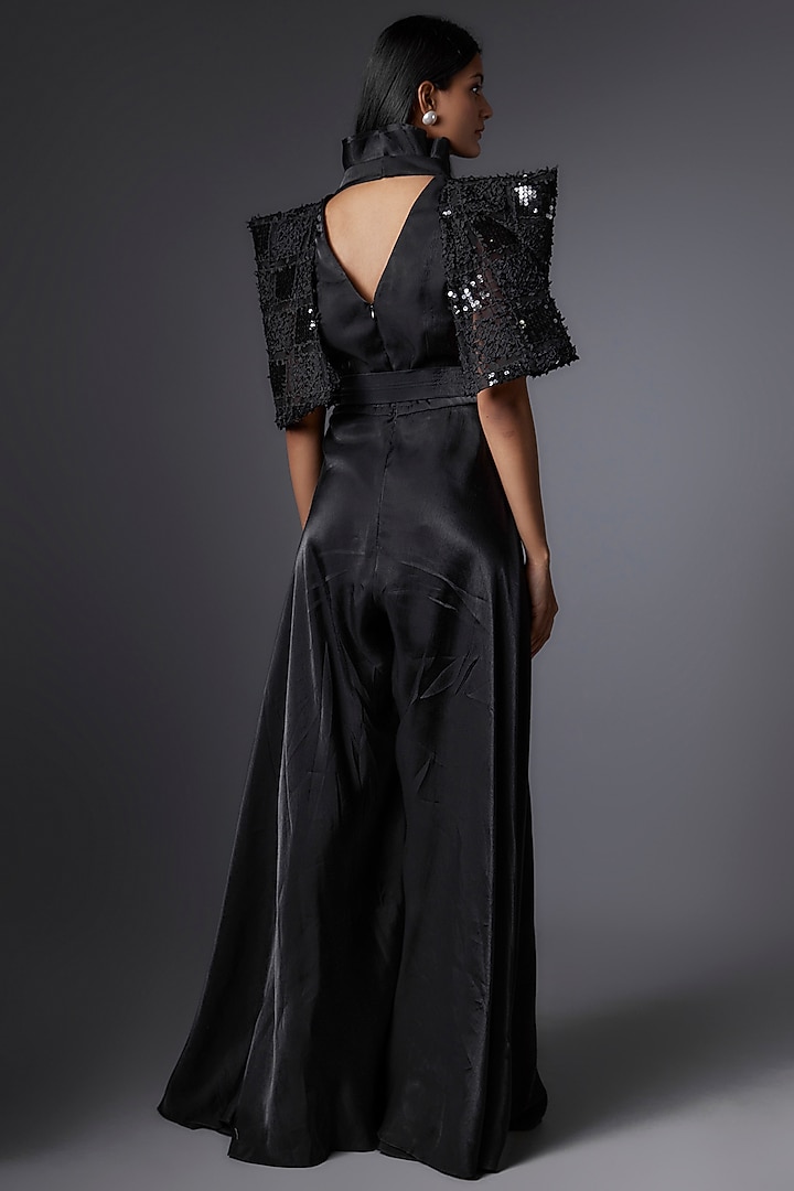 Black Metallic & Sequins Flared Jumpsuit by Tanieya Khanuja at Pernia's Pop Up Shop