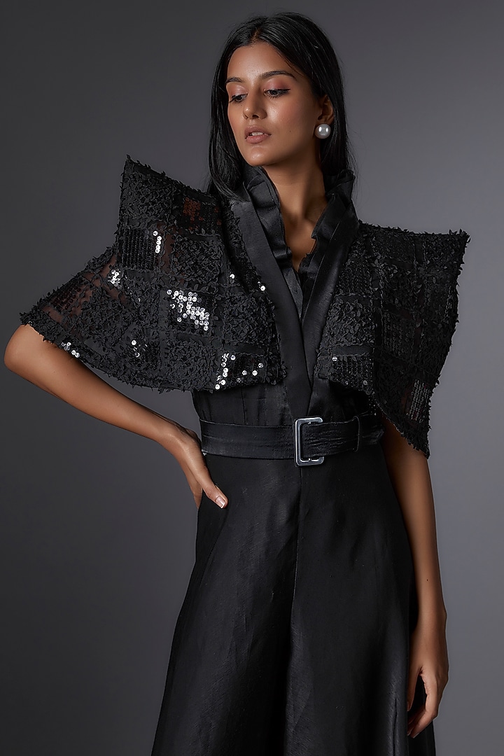 Black Metallic & Sequins Flared Jumpsuit by Tanieya Khanuja at Pernia's Pop Up Shop