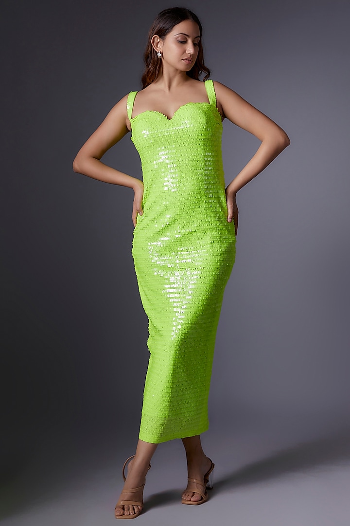 Neon Green Sequins Bodycon Dress by Tanieya Khanuja