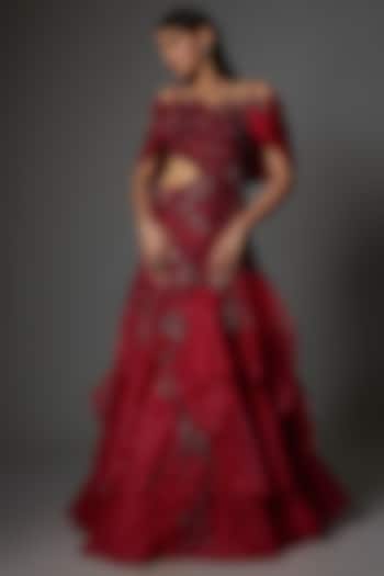 Red Organza Thread & Bead Embroidered Gown by Tanieya Khanuja