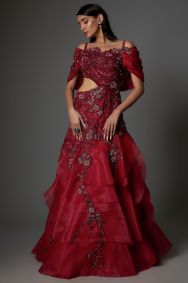Red Organza Thread & Bead Embroidered Gown by Tanieya Khanuja