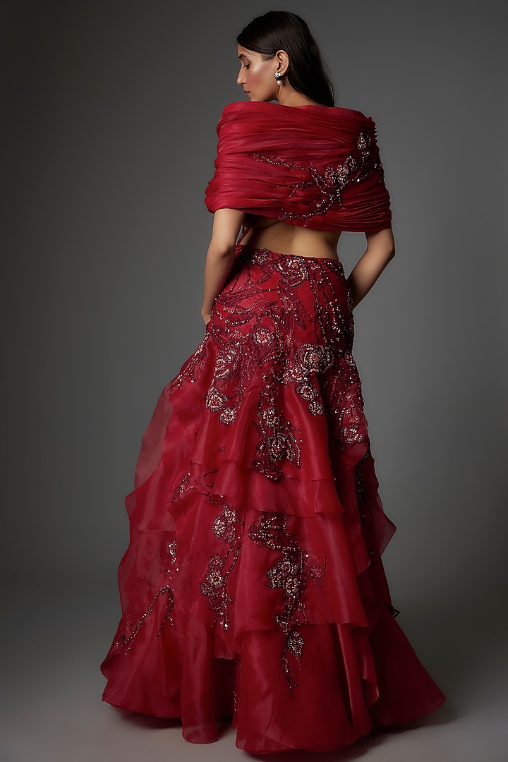 Red Organza Thread & Bead Embroidered Bridal Gown by Tanieya Khanuja at Pernia's Pop Up Shop