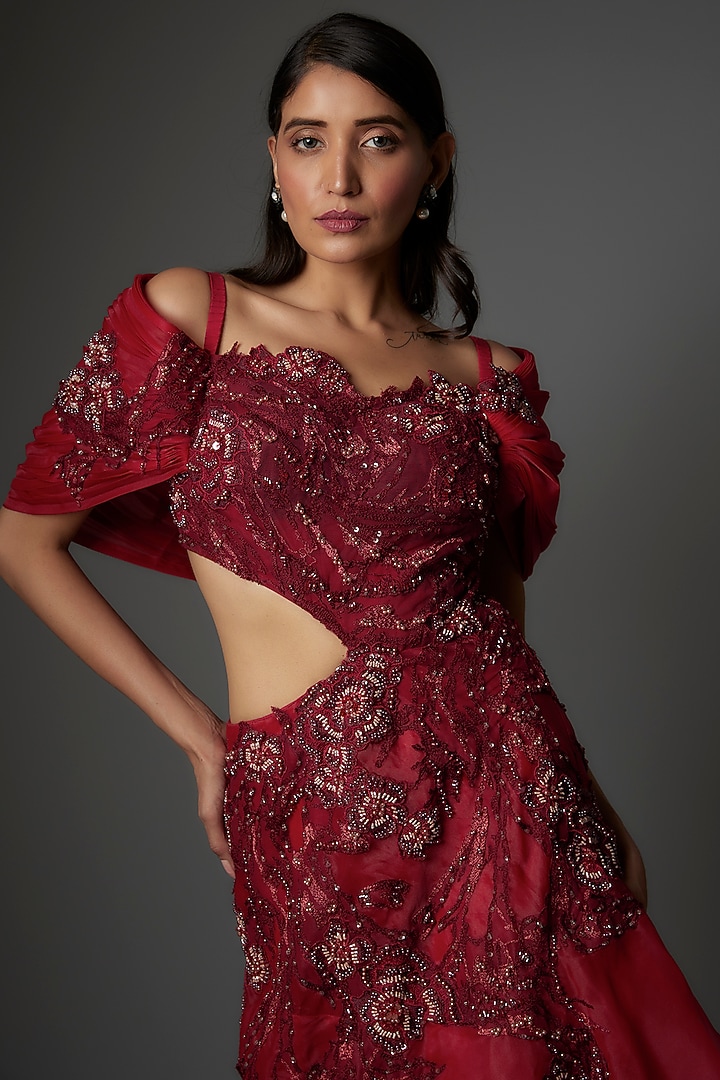 Red Organza Thread & Bead Embroidered Bridal Gown by Tanieya Khanuja at Pernia's Pop Up Shop
