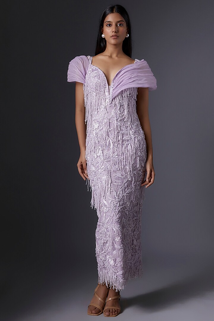 Lilac Organza Beads & Thread Embroidered Party Wear Dress by Tanieya Khanuja at Pernia's Pop Up Shop
