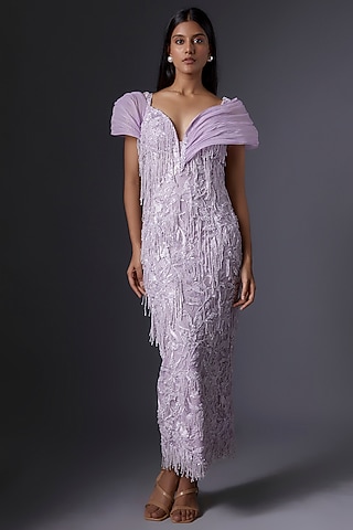 Lilac Organza Beads & Thread Embroidered Dress by Tanieya Khanuja