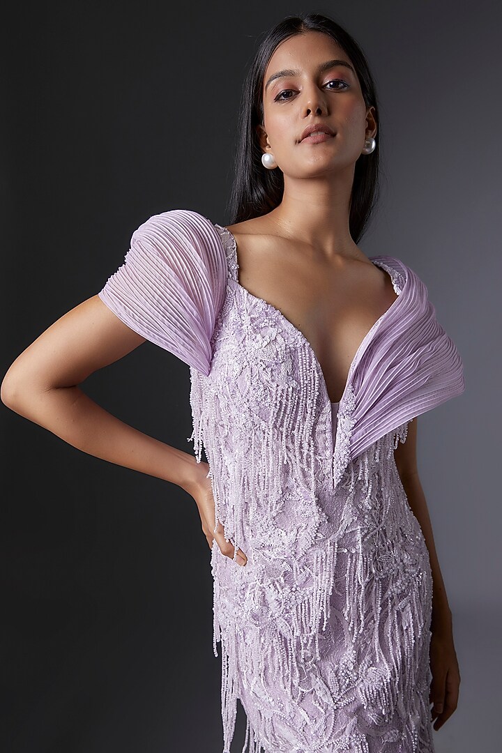 Lilac Organza Beads & Thread Embroidered Party Wear Dress by Tanieya Khanuja at Pernia's Pop Up Shop