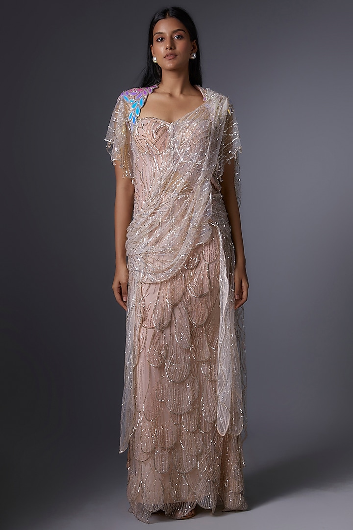 Peach Soft Net Cutdana Embroidered Jacket Saree by Tanieya Khanuja at Pernia's Pop Up Shop