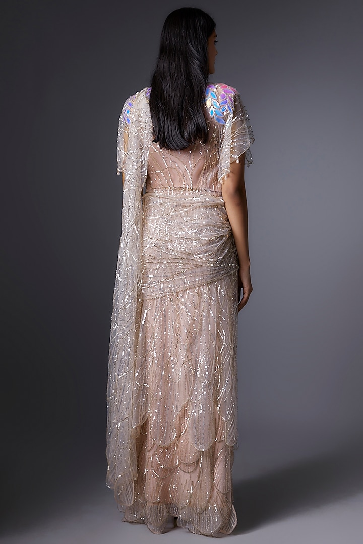 Peach Soft Net Cutdana Embroidered Jacket Reception Saree by Tanieya Khanuja at Pernia's Pop Up Shop