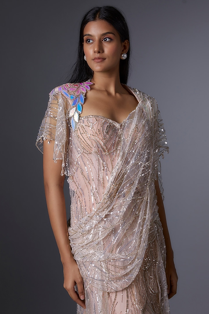 Peach Soft Net Cutdana Embroidered Jacket Reception Saree by Tanieya Khanuja at Pernia's Pop Up Shop