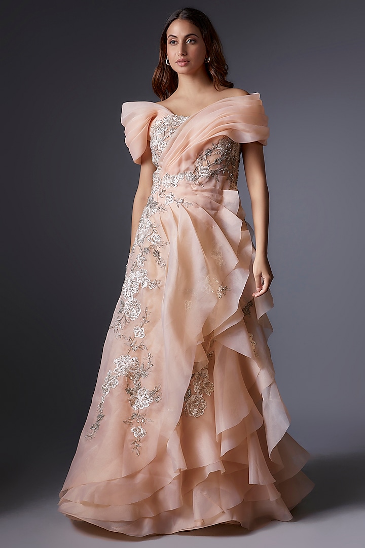 Peach Organza Sequins & Cutdana Embroidered Ruffled Gown by Tanieya Khanuja at Pernia's Pop Up Shop