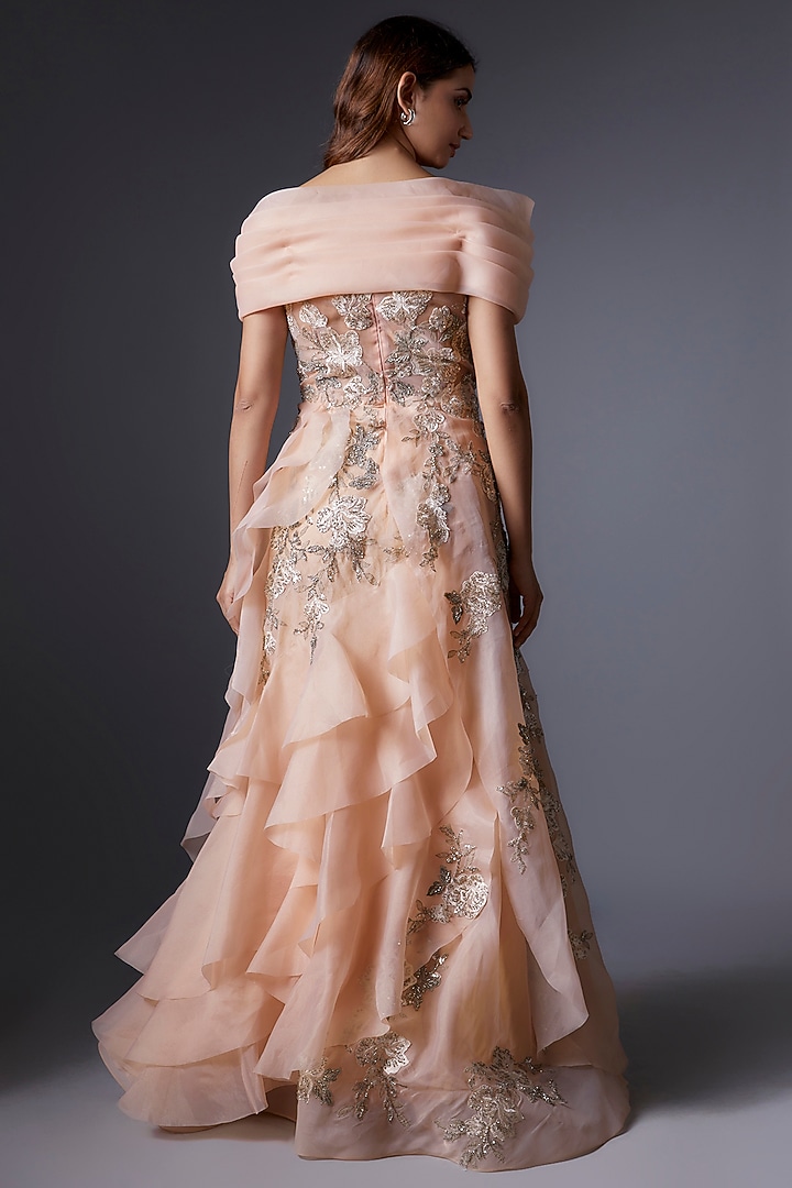 Peach Organza Sequins & Cutdana Embroidered Ruffled Bridal Gown by Tanieya Khanuja at Pernia's Pop Up Shop