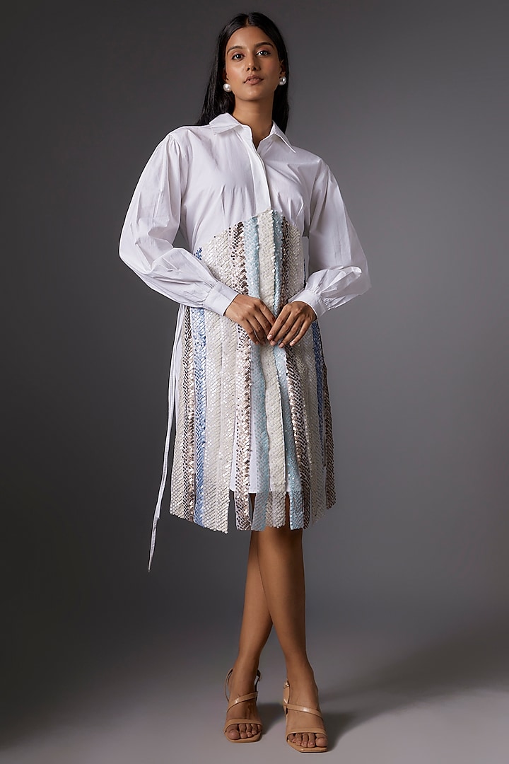 White Cotton Sequins Embroidered Shirt Dress by Tanieya Khanuja