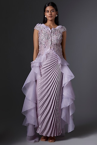 Lilac Organza & Metallic Pleated Skirt Set by Tanieya Khanuja