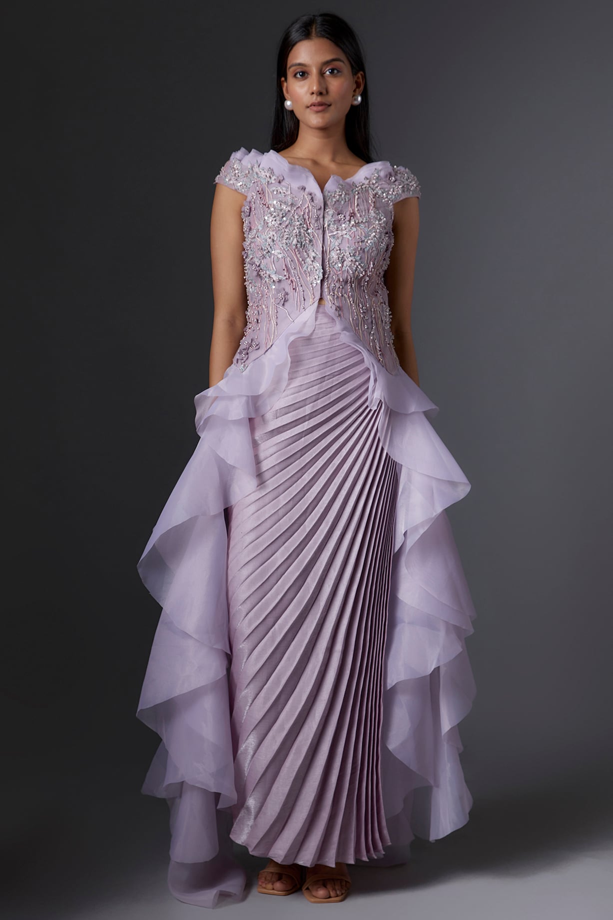 Lilac Organza & Metallic Pleated Skirt Set by Tanieya Khanuja at 