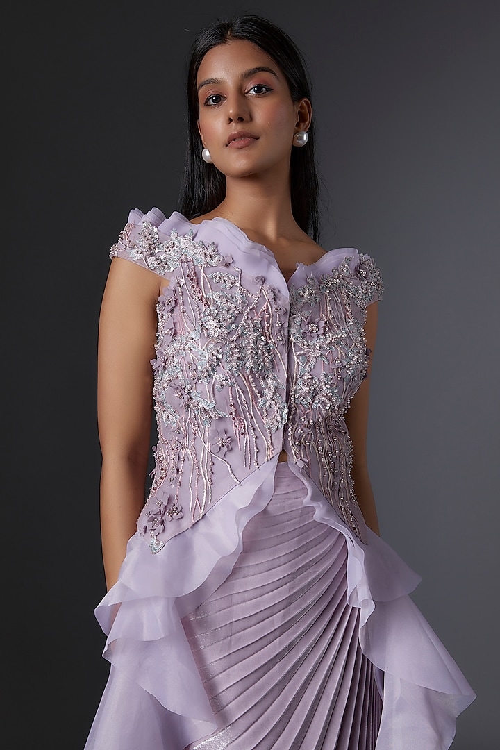 Lilac Organza & Metallic Pleated Skirt Set by Tanieya Khanuja at Pernia's Pop Up Shop