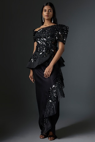 Black Mesh & Taffeta Sequins Embroidered Ruffled Skirt Set by Tanieya Khanuja