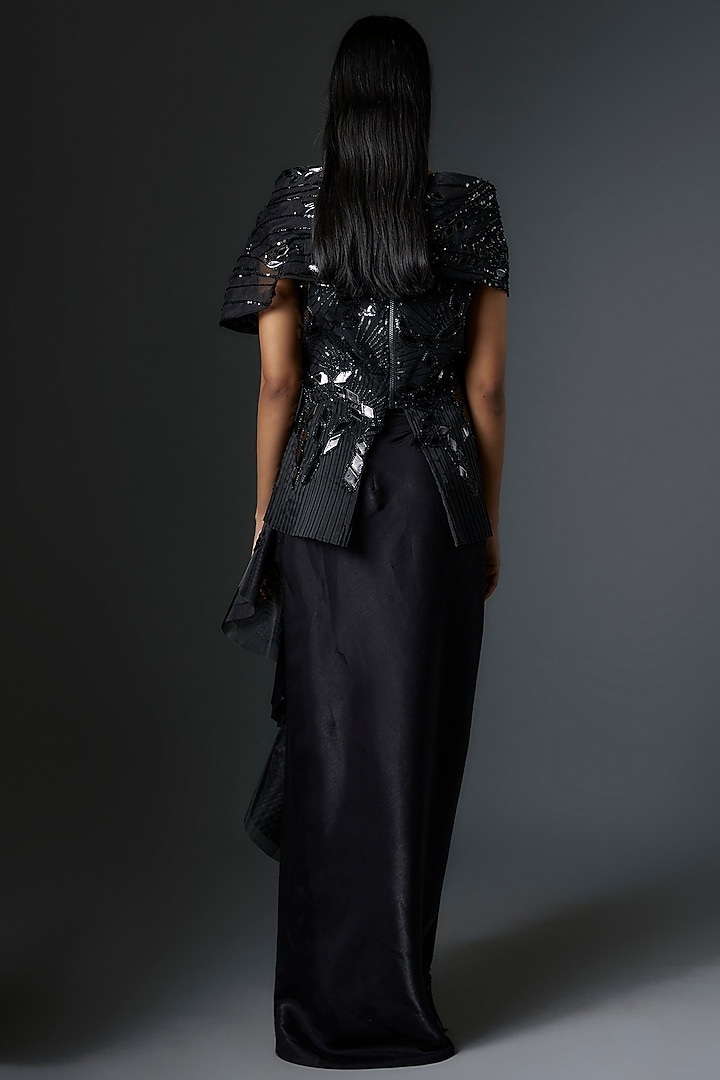 Black Mesh & Taffeta Sequins Embroidered Ruffled Skirt Set by Tanieya Khanuja at Pernia's Pop Up Shop