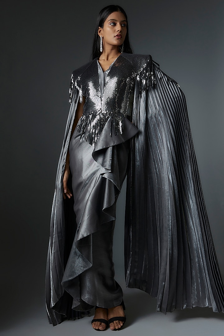 Grey Metallic & Sequins Embroidered Draped Gown by Tanieya Khanuja