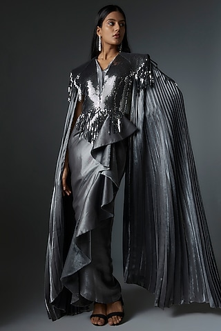 Grey Metallic & Sequins Embroidered Draped Gown by Tanieya Khanuja