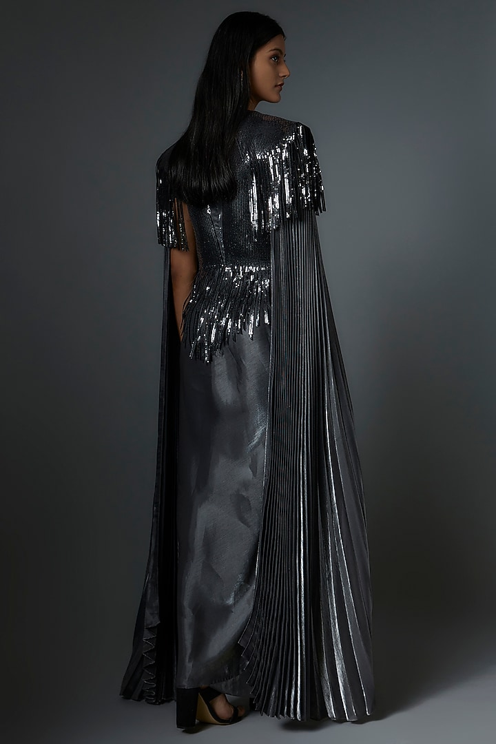 Grey Metallic & Sequins Embroidered Draped Engagement Gown by Tanieya Khanuja at Pernia's Pop Up Shop