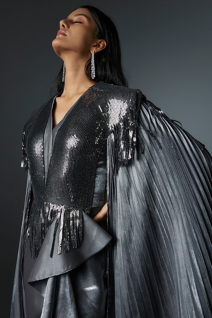 Grey Metallic & Sequins Embroidered Draped Engagement Gown by Tanieya Khanuja at Pernia's Pop Up Shop