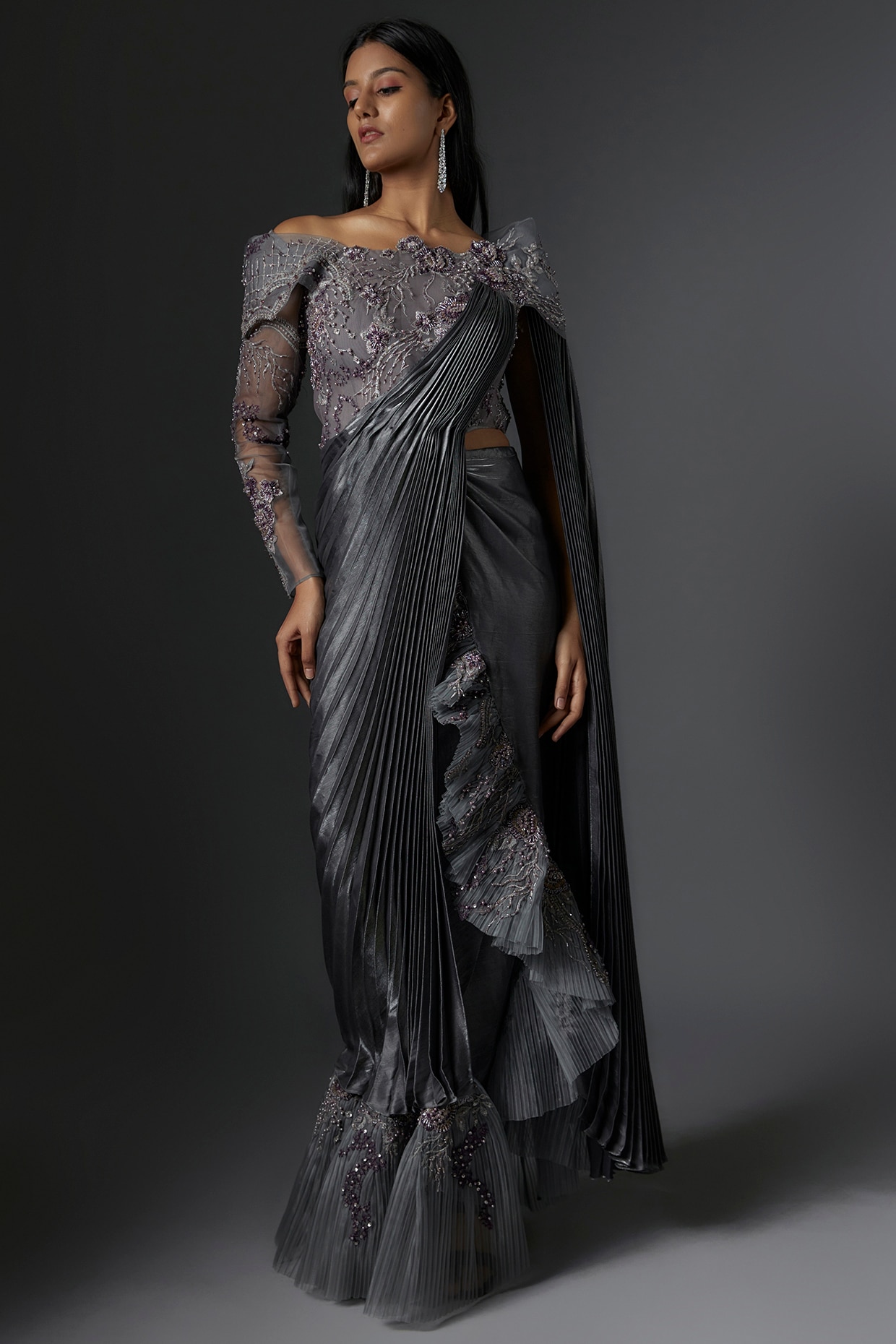 Grey Georgette Sequin Saree - Ethnic Race