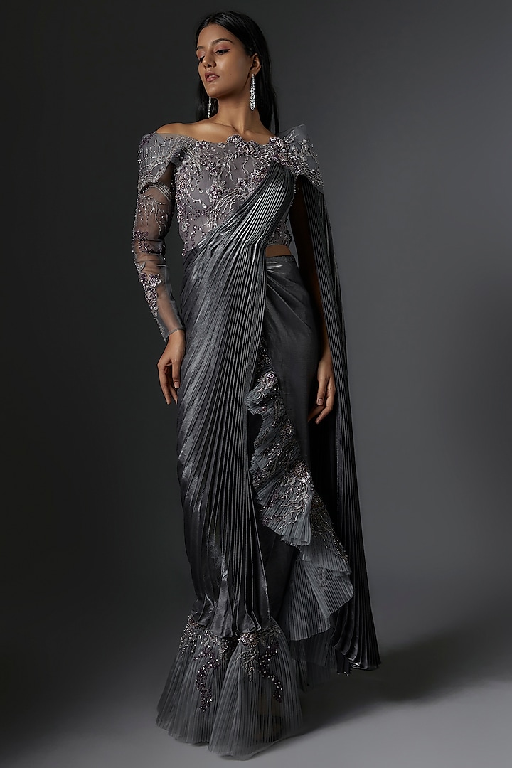 Grey Metallic & Mesh Sequin Embroidered Draped Gown Saree by Tanieya Khanuja