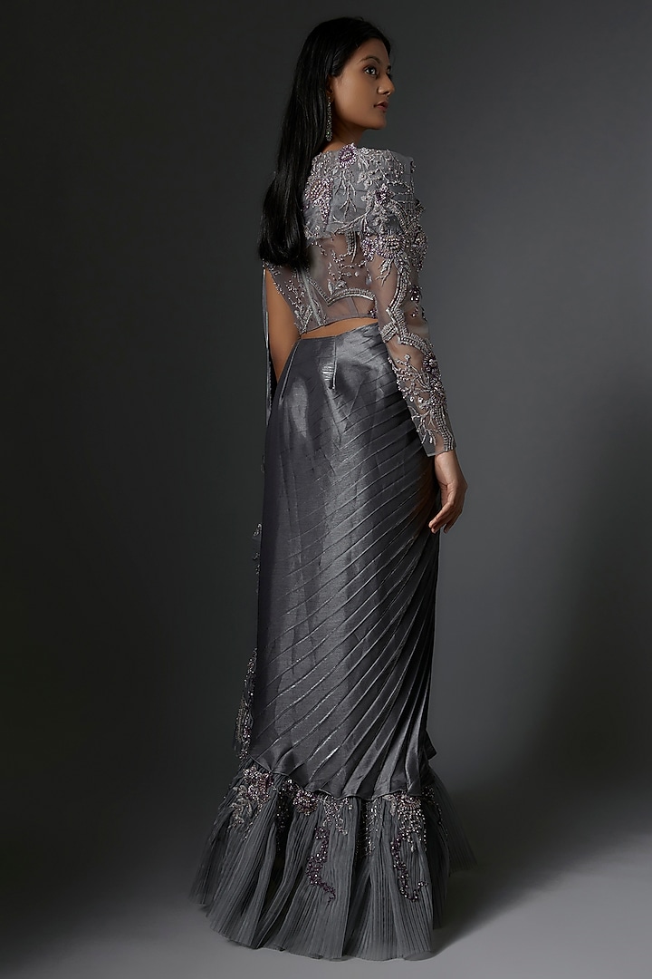 Grey Metallic & Mesh Sequin Embroidered Draped Reception Gown Saree by Tanieya Khanuja at Pernia's Pop Up Shop